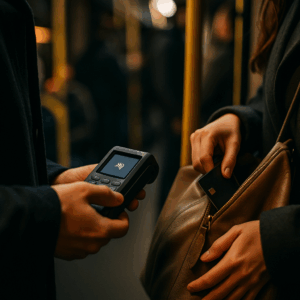 pessoa com maquininha de cartão tentando passar um cartão que está na bolsa da mulher