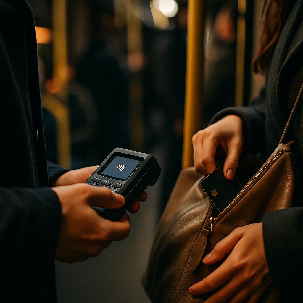 pessoa com maquininha de cartão tentando passar um cartão que está na bolsa da mulher