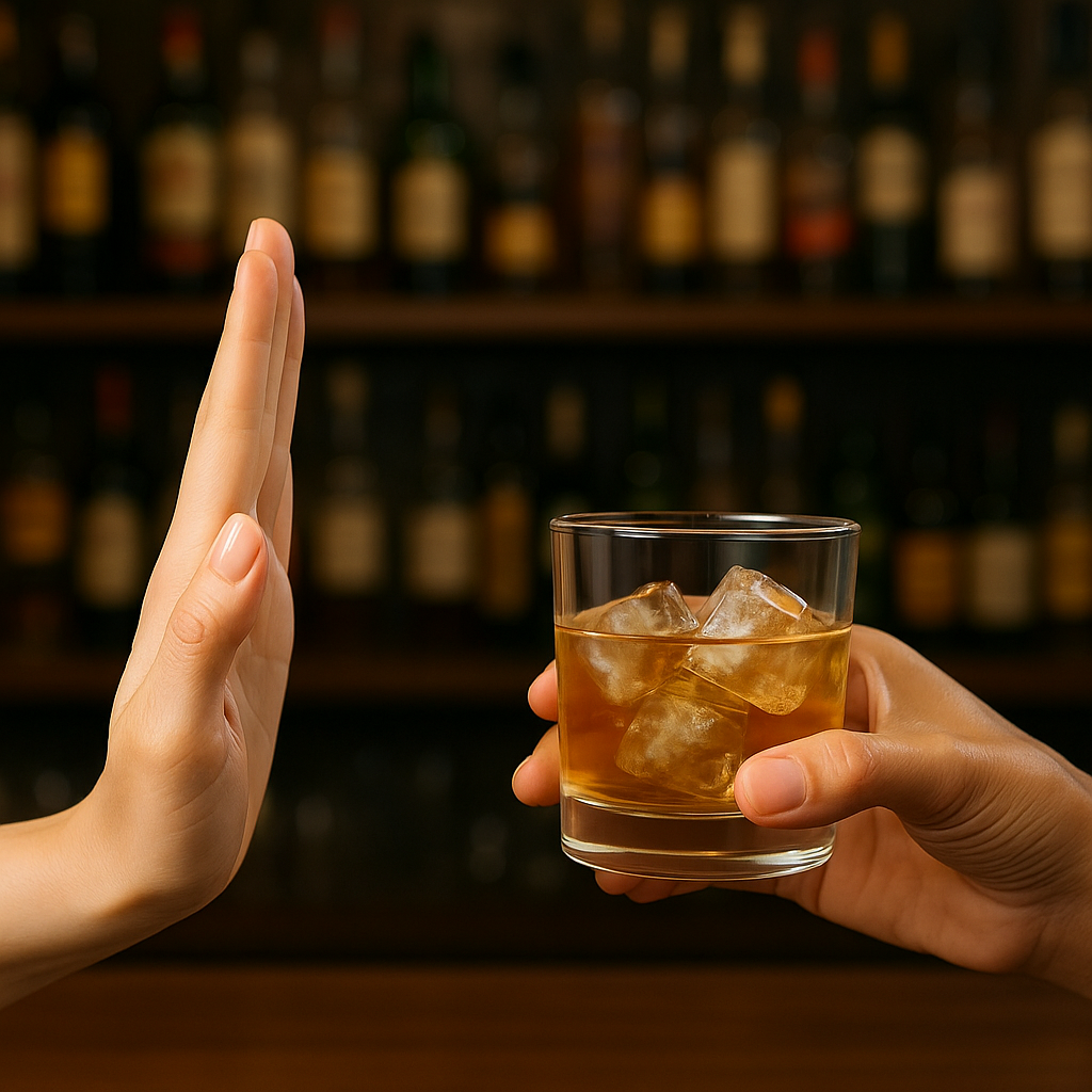 mulher levanta a mão como dizendo não a alguem que oferece bebida