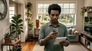 jovem olha celular com registro de reclamação