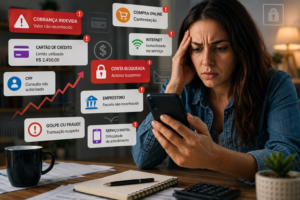 Mulher olhando celular, preocupada, com várias notificações de alerta envolvendo banco, cartão, CPF e redes sociais.