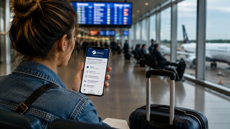 Mulher no aeroporto olhando o aplicativo ANAC Passageiro