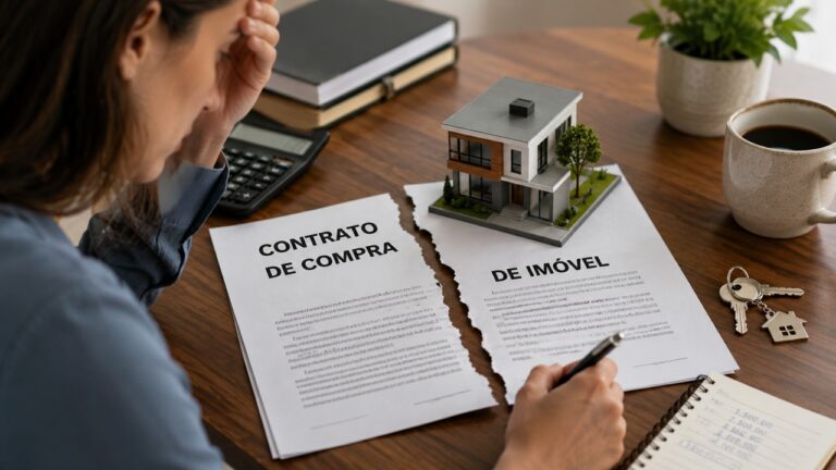 Mulher com a mão na cabeça está lendo o contrato de compra de imóvel