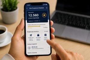 pessoa com celular na mão, checando quantidde de pontos no progrma de fidelidade