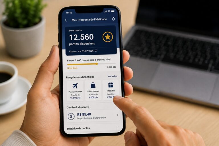 pessoa com celular na mão, checando quantidde de pontos no progrma de fidelidade