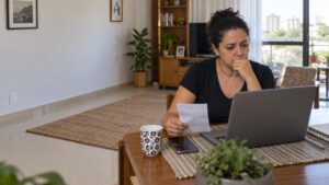 Mulher no computador e com o pedido em mãos do produto que não recebeu. Espaço da sala vazio esperando o móvel