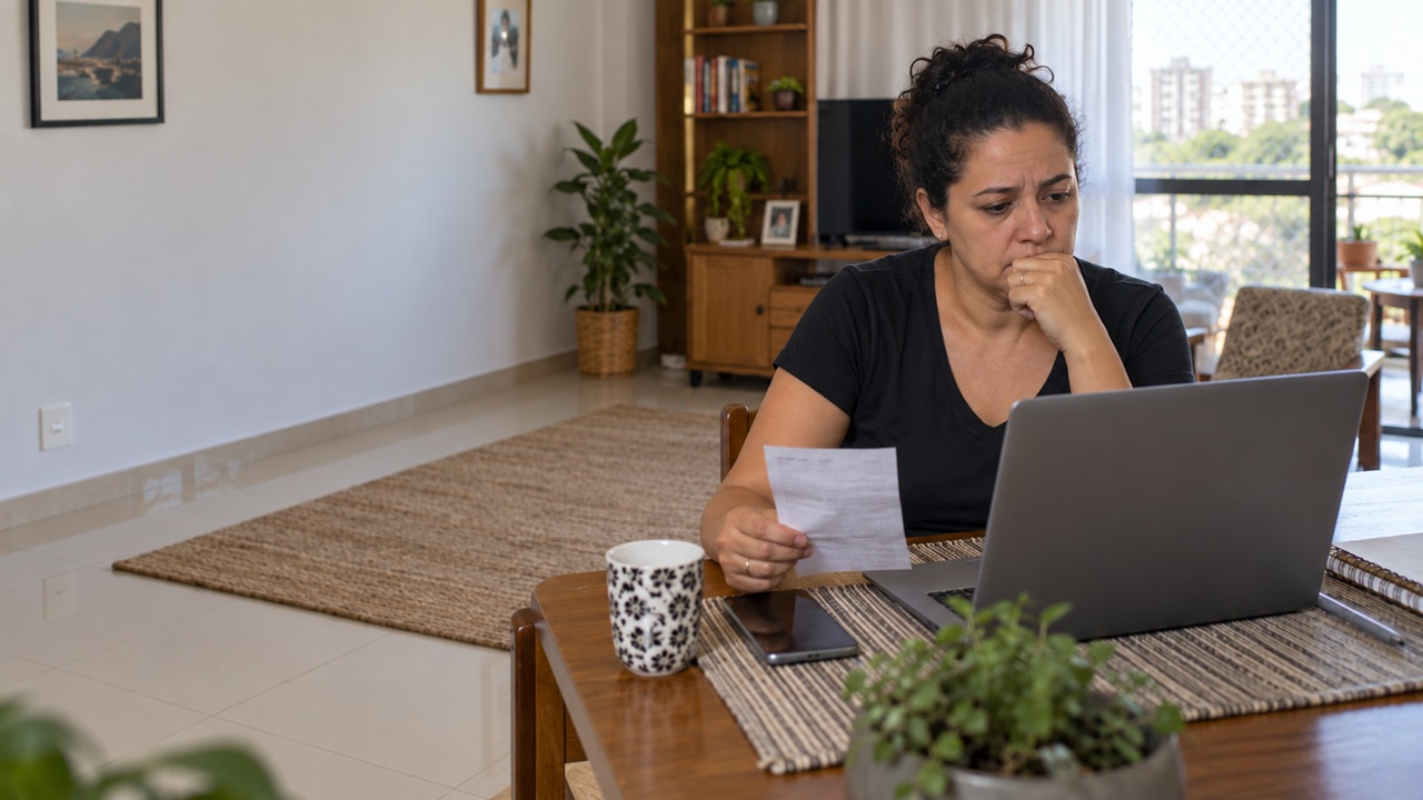 Mulher no computador e com o pedido em mãos do produto que não recebeu. Espaço da sala vazio esperando o móvel