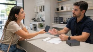 Moça entrega para vendedor aparelho celular apagado