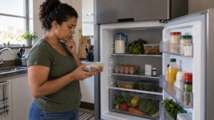 Mulher com a porta de geladeira aberta olhando alimentos que estragaram com o defeito do aparelho